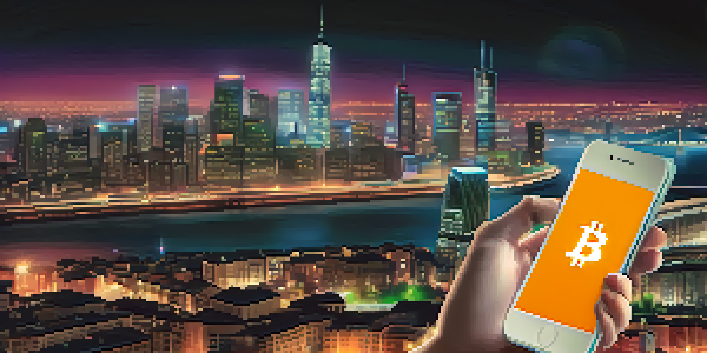 A close-up of a smartphone showing a Bitcoin wallet app with a VPN icon, set against a blurred night cityscape with vibrant lights.