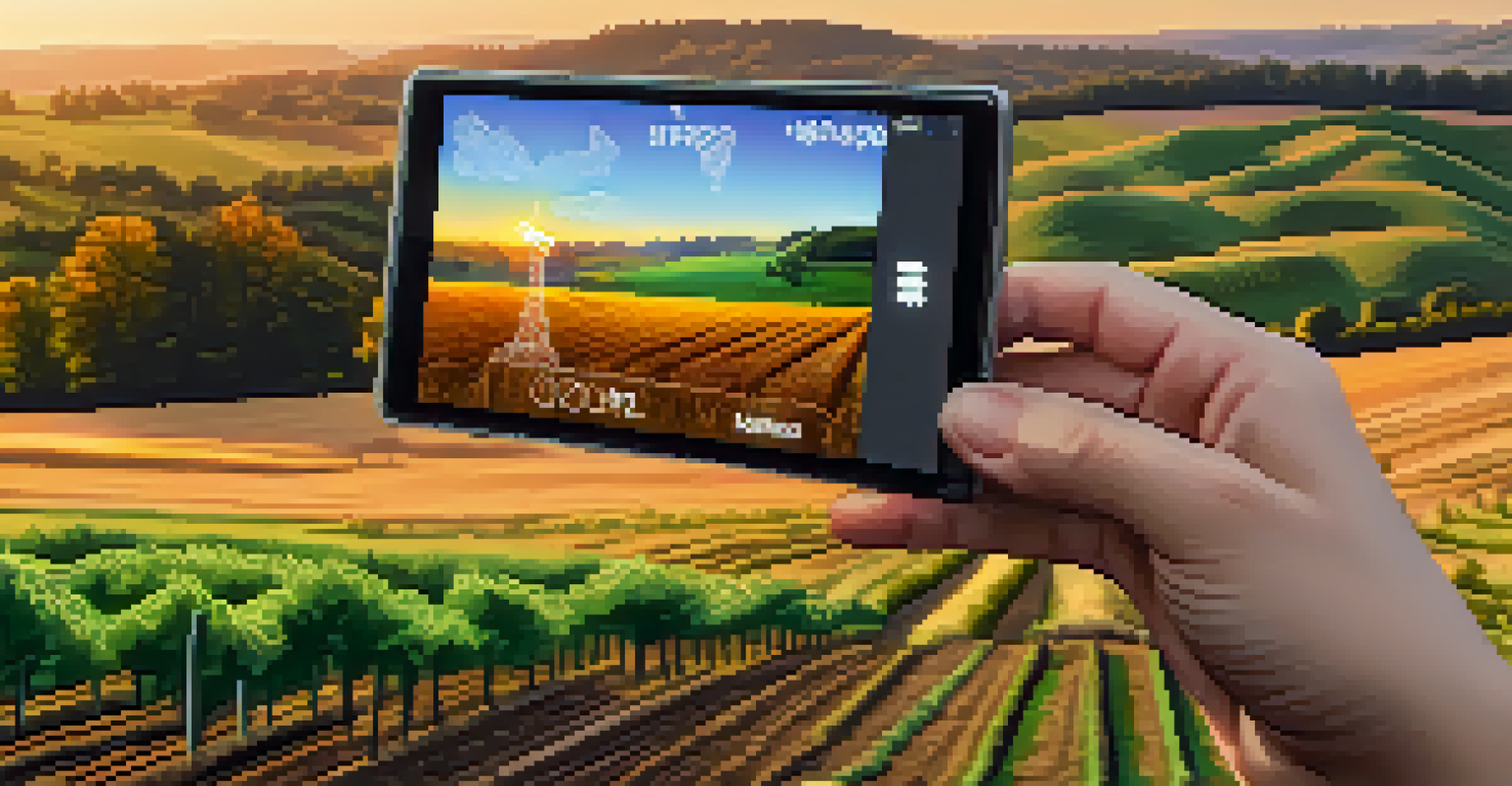 A farmer holding a digital wallet displaying Bitcoin, with a beautiful sunset over a crop field in the background.