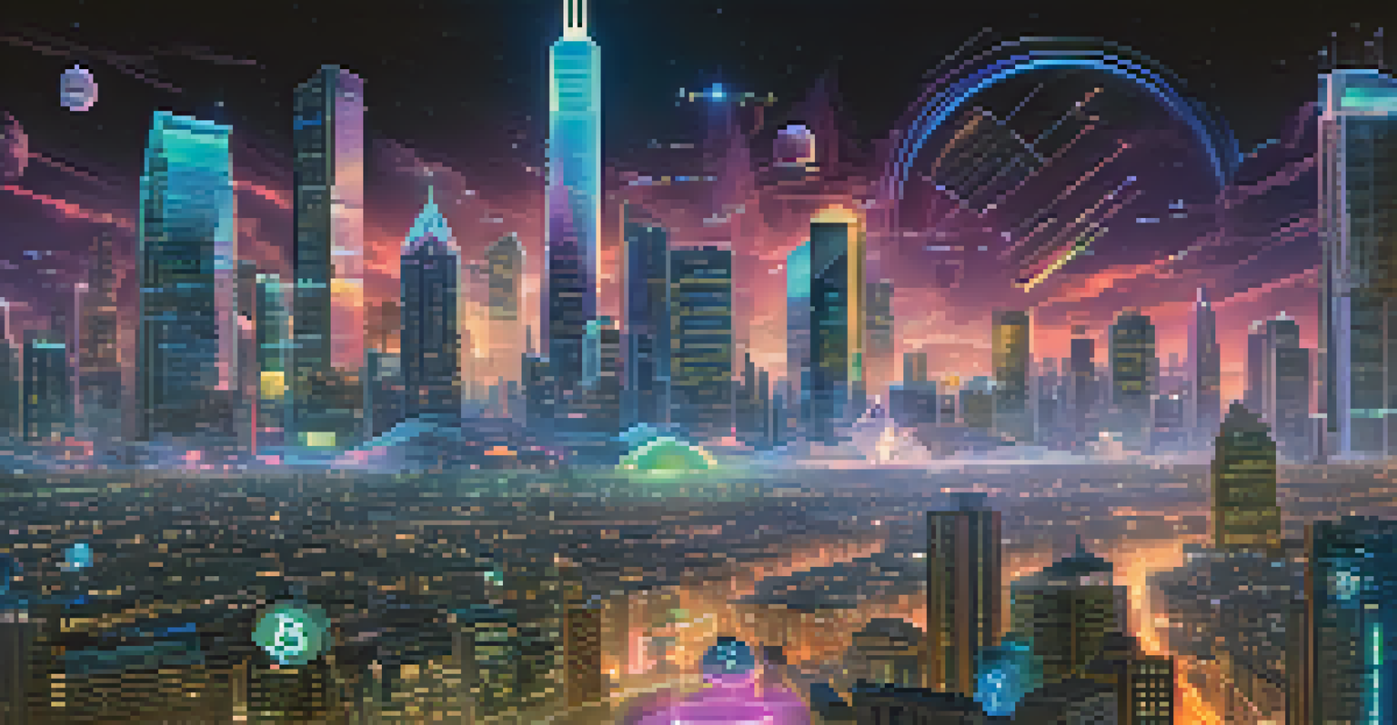A futuristic city skyline at night with holographic cryptocurrency displays and people using digital devices.