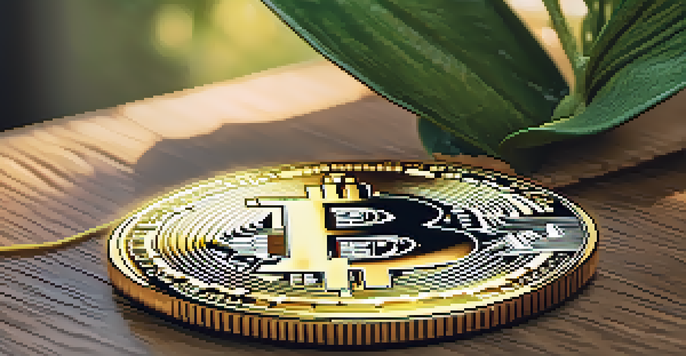 A golden Bitcoin coin on a wooden table with soft light and a blurred background featuring a small potted plant.