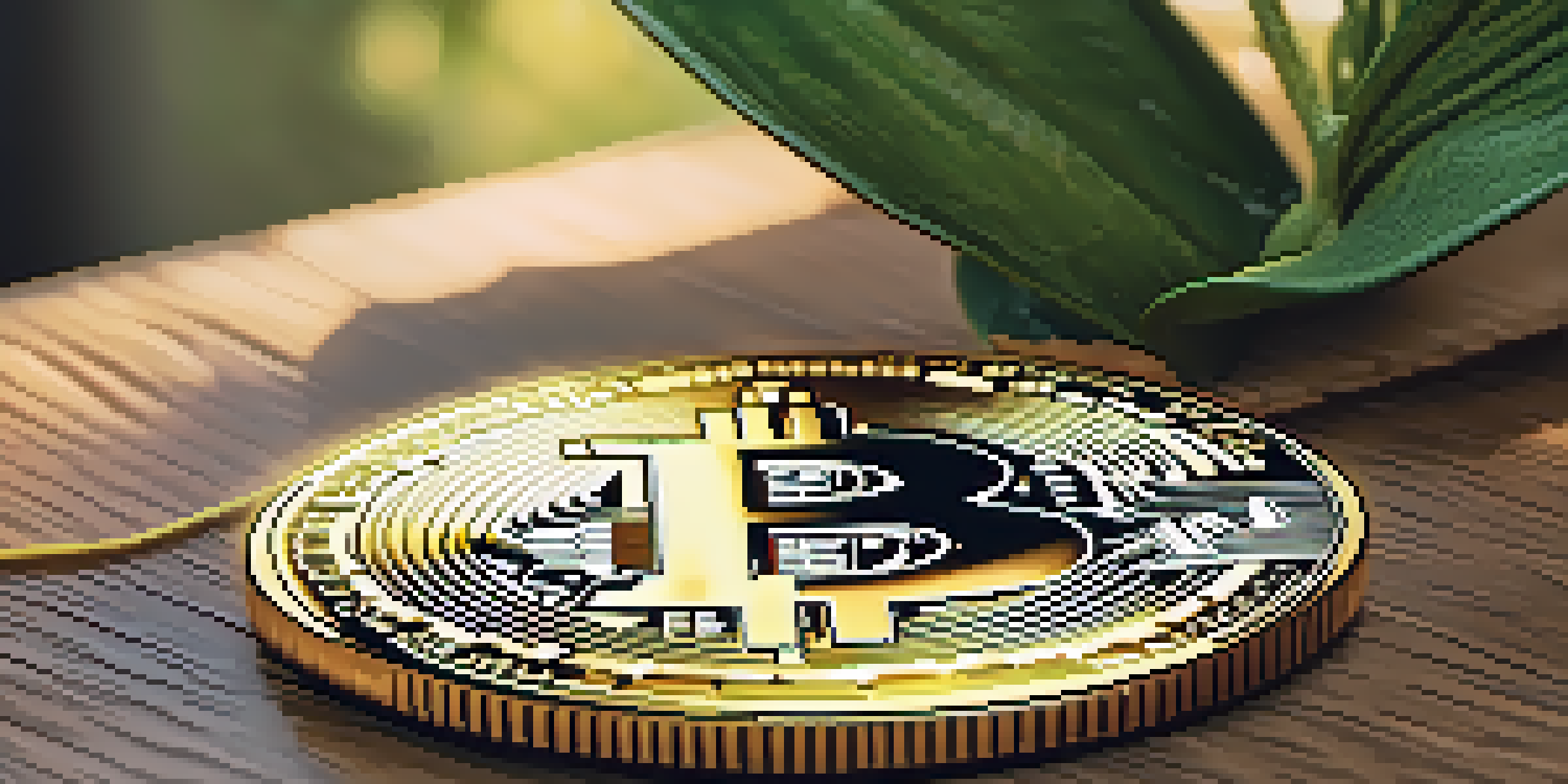 A golden Bitcoin coin on a wooden table with soft light and a blurred background featuring a small potted plant.
