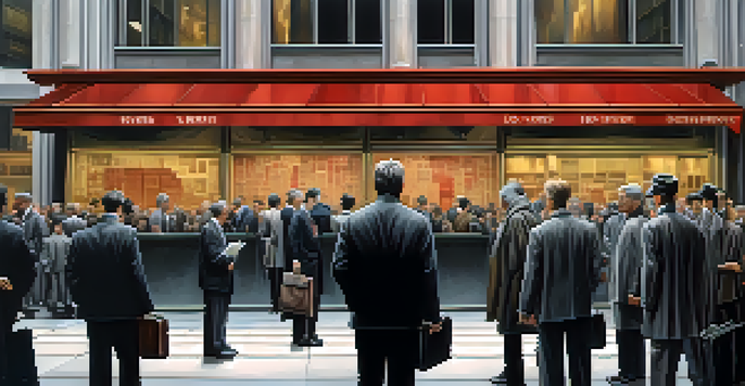 A busy financial district filled with worried investors and dark clouds overhead, symbolizing an economic crisis.
