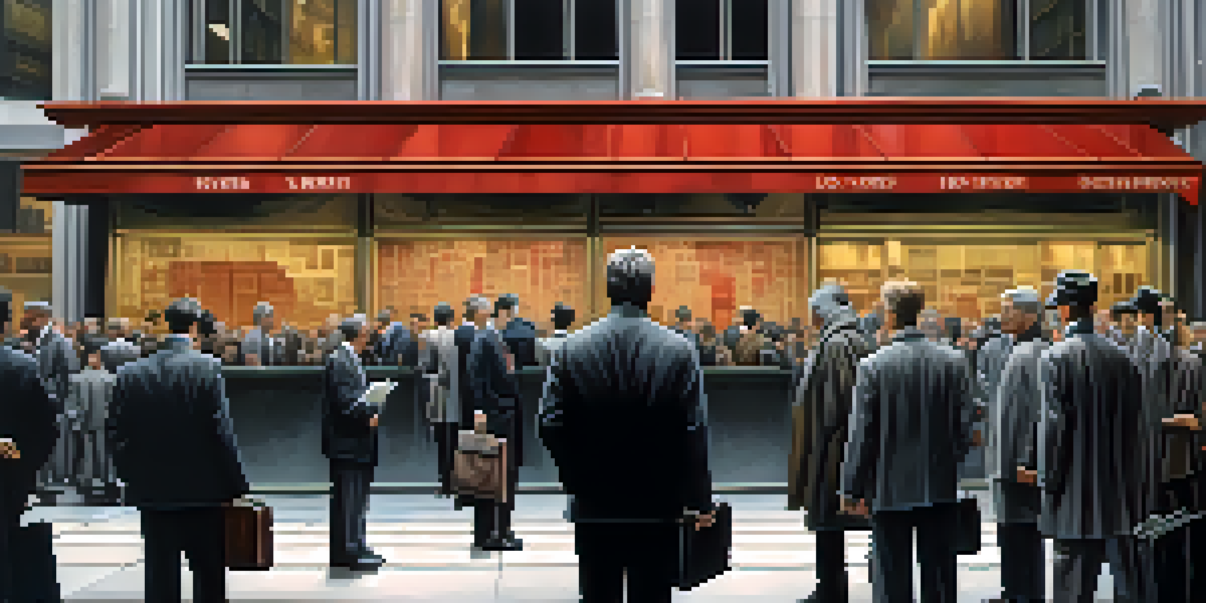A busy financial district filled with worried investors and dark clouds overhead, symbolizing an economic crisis.
