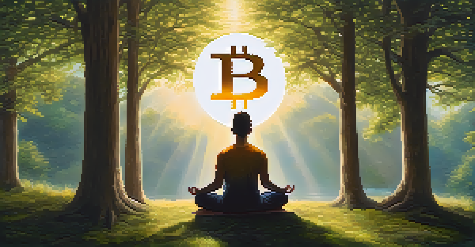 A person meditating with a Bitcoin symbol above them in a peaceful nature setting.