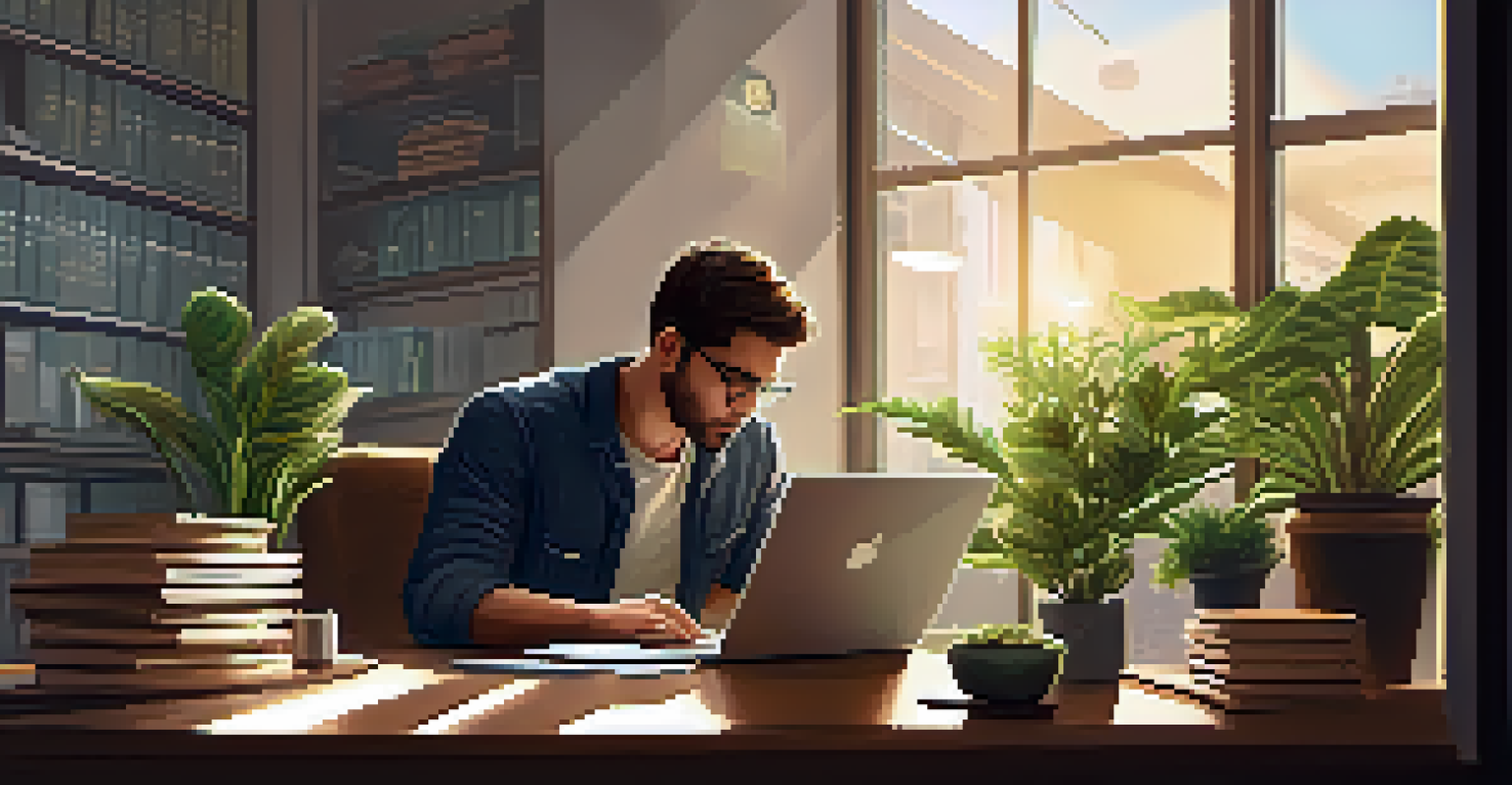 An individual in an office setting working on a laptop, analyzing Bitcoin transactions, surrounded by plants and books with warm lighting.