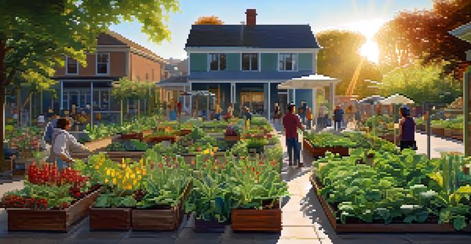 A vibrant community garden with people from different backgrounds working together, surrounded by various plants and flowers under warm sunlight.