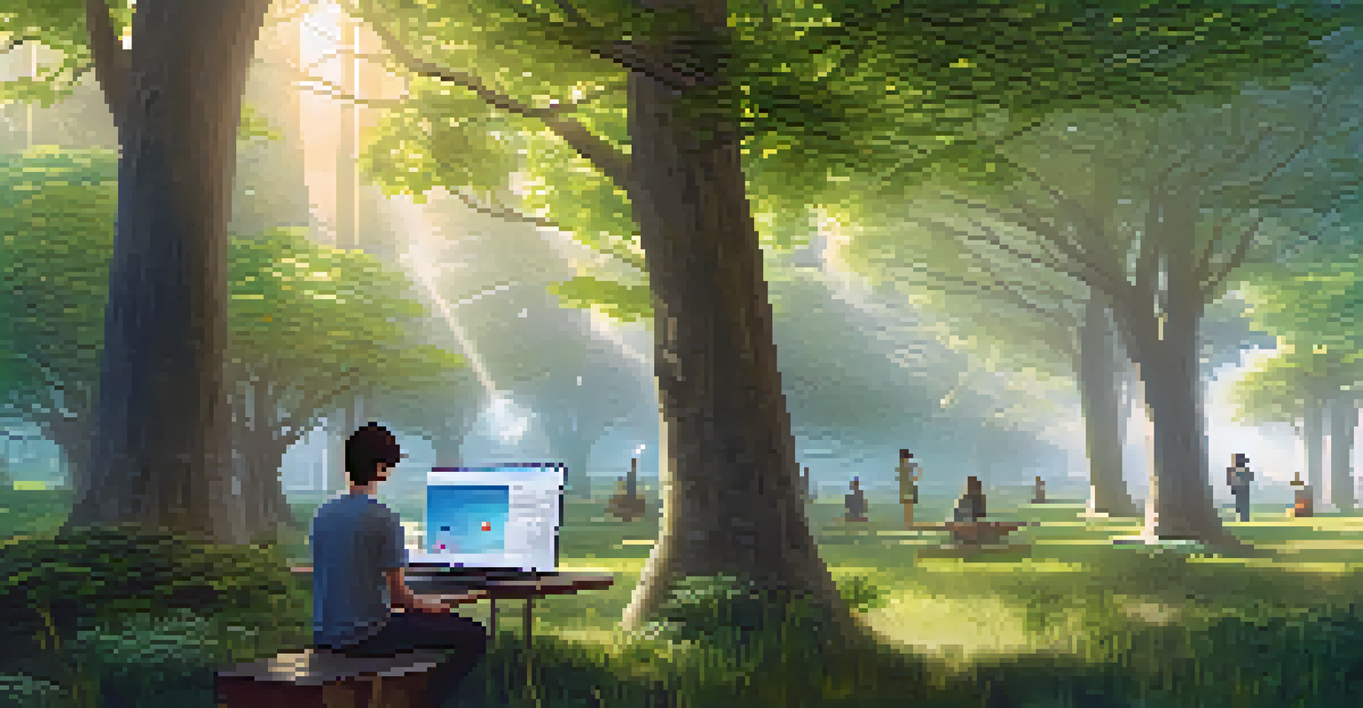 A digital landscape showing a user verifying their identity on multiple platforms with a single credential, surrounded by nature and technology.