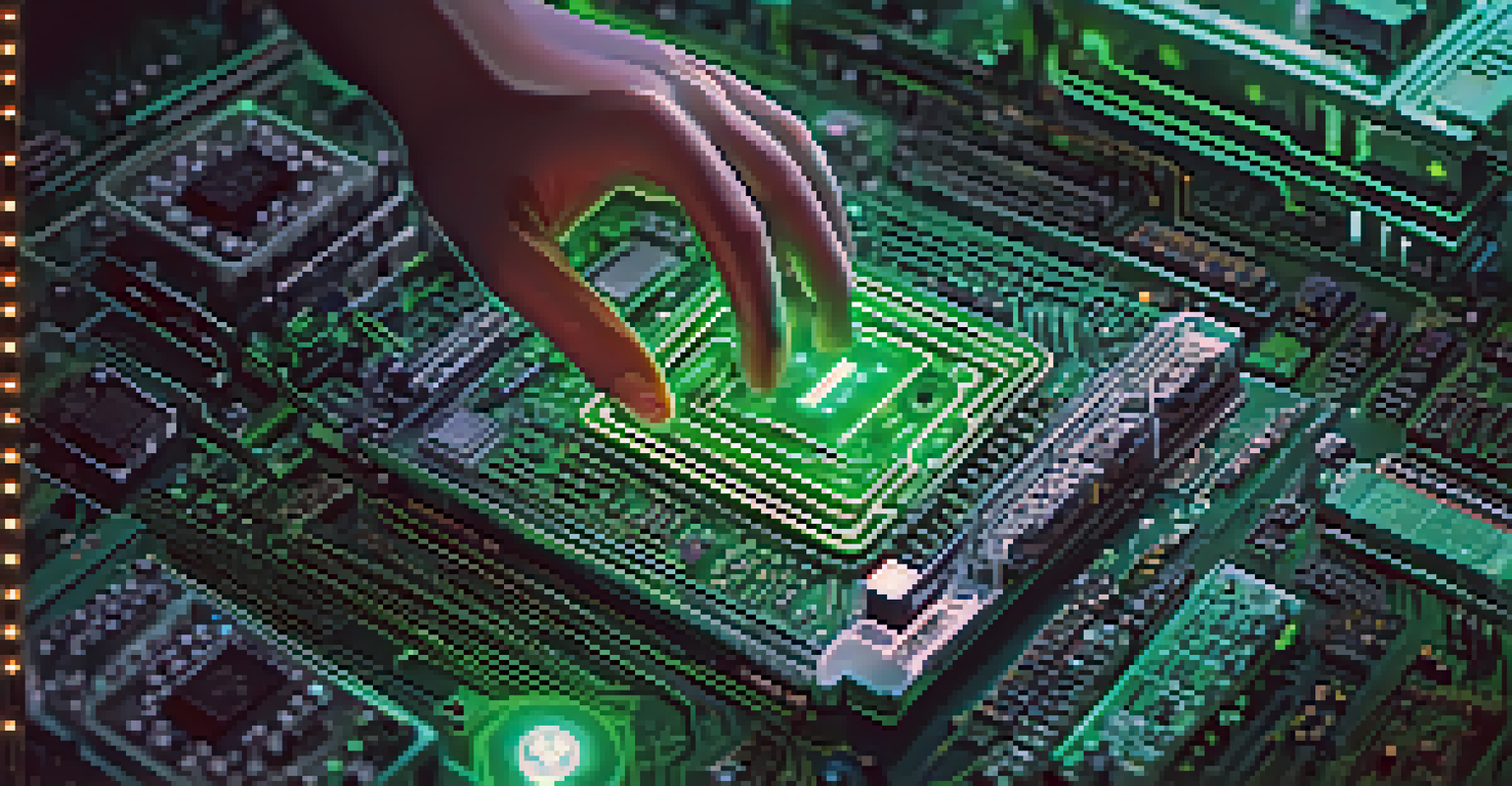 A miner's hand holding a computer chip in a dimly lit room filled with hardware.