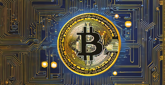 A golden Bitcoin symbol illuminated in a dark blue and black background, surrounded by a glowing blockchain network and circuit patterns.