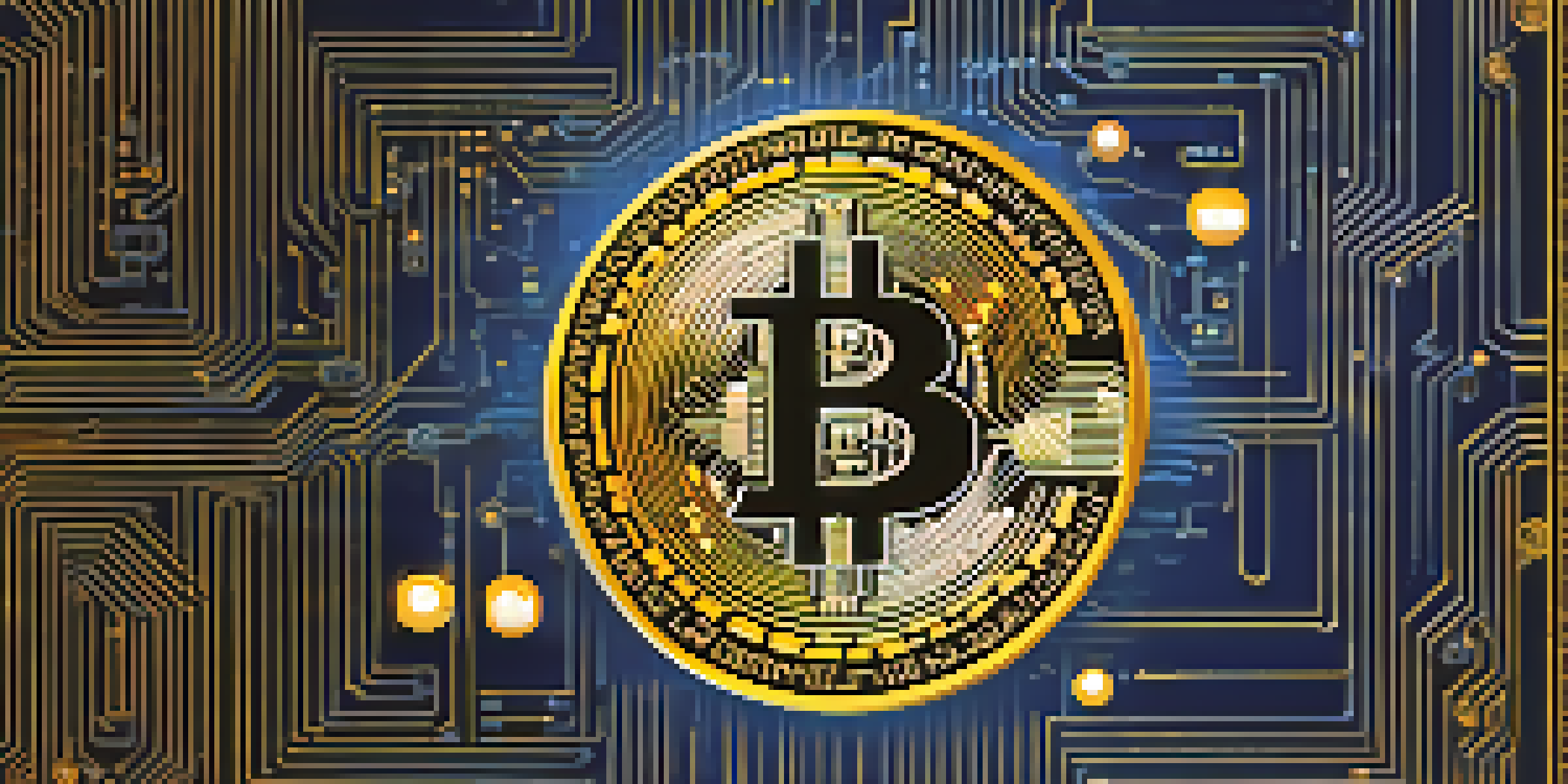 A golden Bitcoin symbol illuminated in a dark blue and black background, surrounded by a glowing blockchain network and circuit patterns.