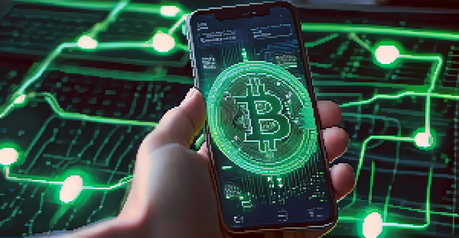 A smartphone screen showing a Bitcoin transaction and a blockchain representation, illuminated with soft blue and green lights.