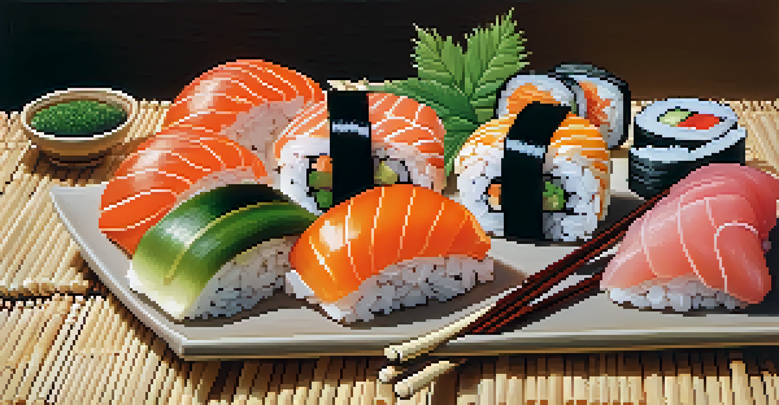 A close-up view of a plate of assorted sushi on a bamboo mat, with chopsticks and natural light showcasing the vibrant colors.