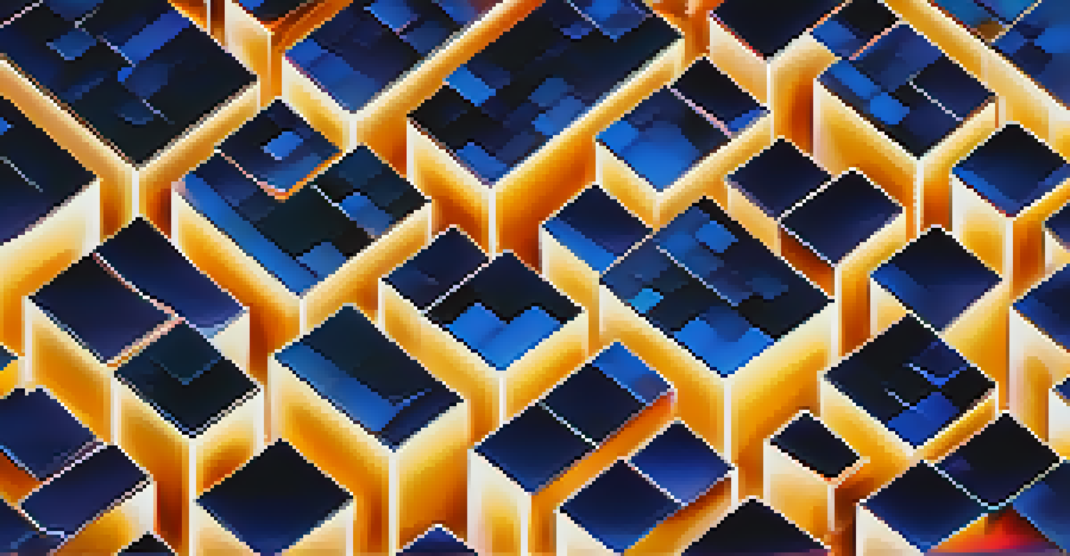 An abstract illustration of blockchain technology with interconnected blocks and data streams on a deep blue background.
