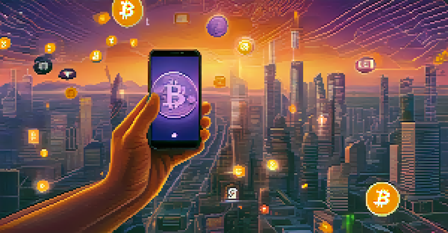 A hand holding a smartphone with Bitcoin investment icons around it, set against a digital cityscape at dusk.