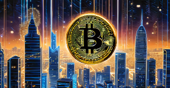 A golden Bitcoin symbol floating in a futuristic city with neon lights and a starry night sky.