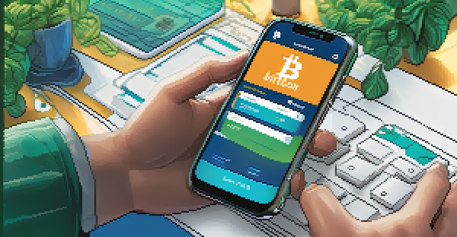 A close-up of a smartphone showing a Bitcoin wallet interface with vibrant graphics on a soft gradient background.