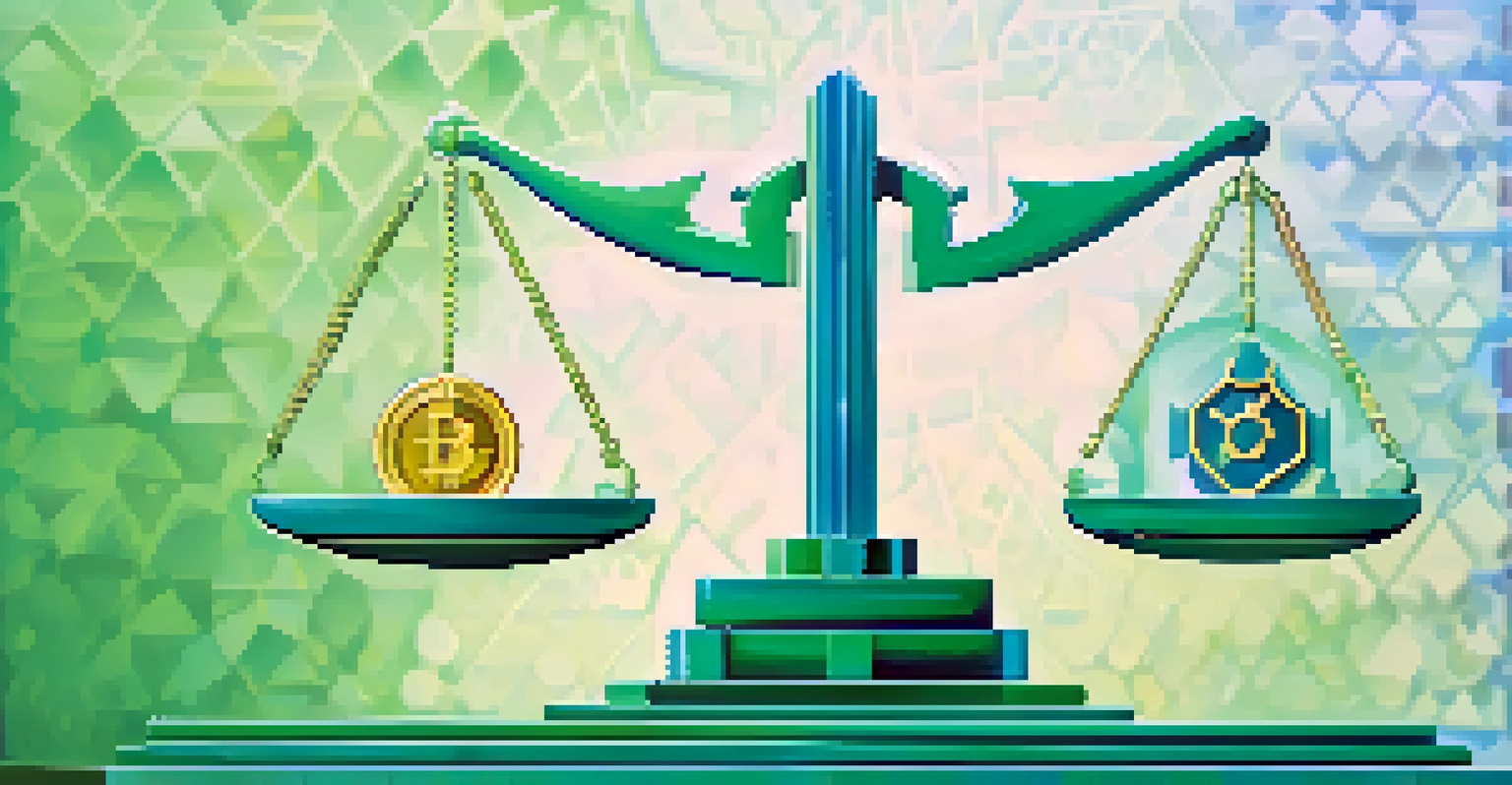 An abstract scale balancing decentralization symbols and regulation icons against a blue and green background.