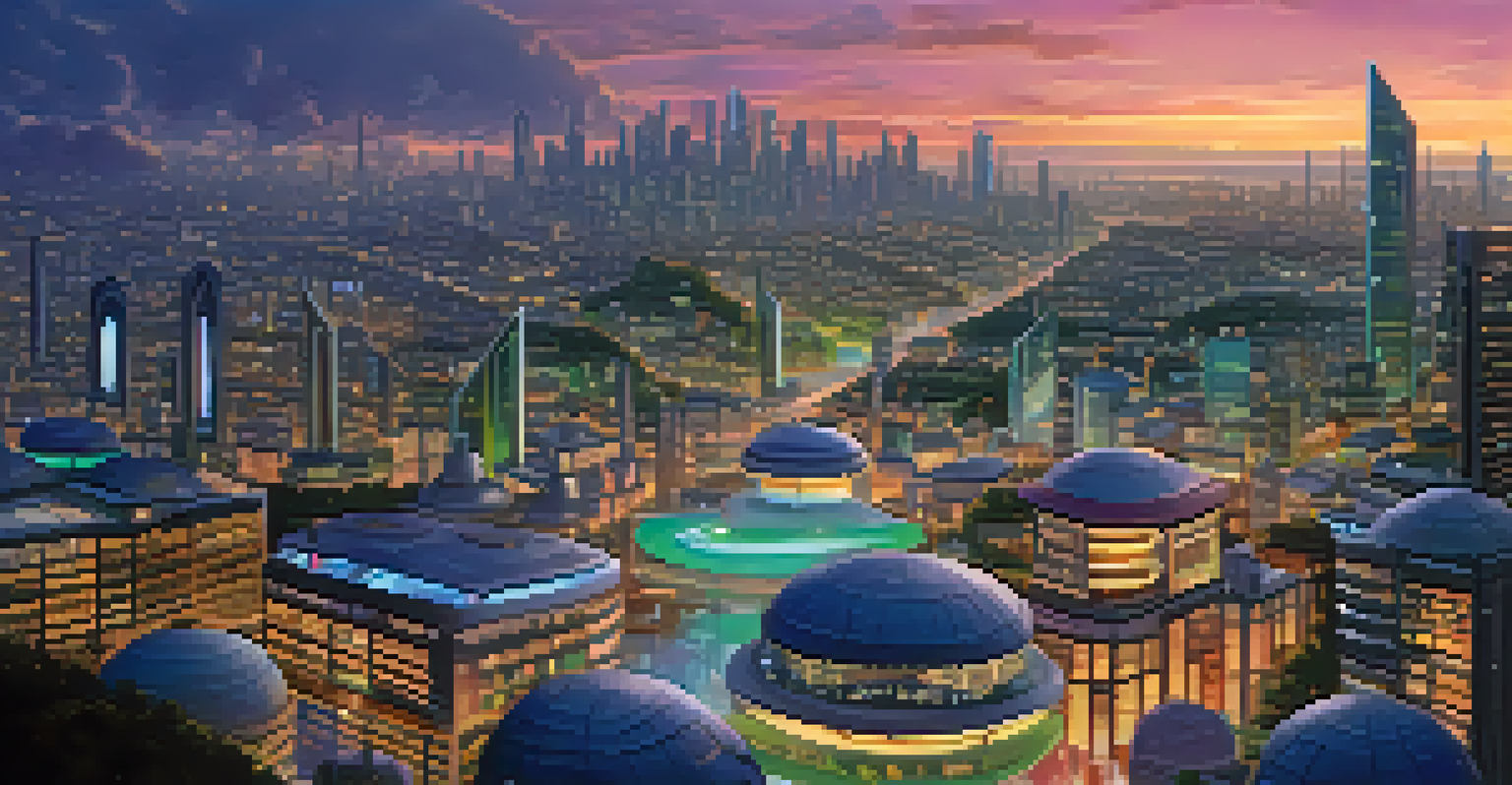 A modern city skyline at twilight, with unique buildings symbolizing different decentralized applications, illuminated by soft lights and bustling with people.