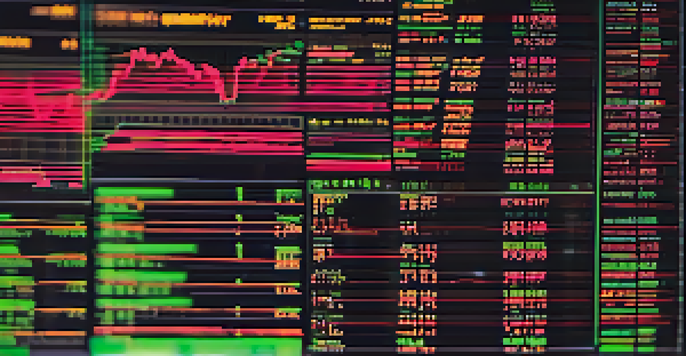A digital stock market screen showing Bitcoin prices with green and red candlestick charts, depicting market fluctuations.