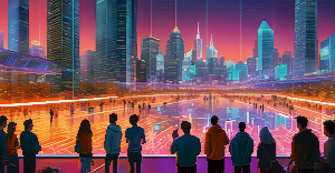 A colorful city skyline with neon lights and a group of people discussing cryptocurrency near holographic displays.