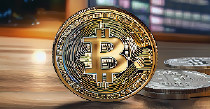 A shiny Bitcoin coin on a textured wooden surface with soft natural light, and blurred stock market charts in the background.