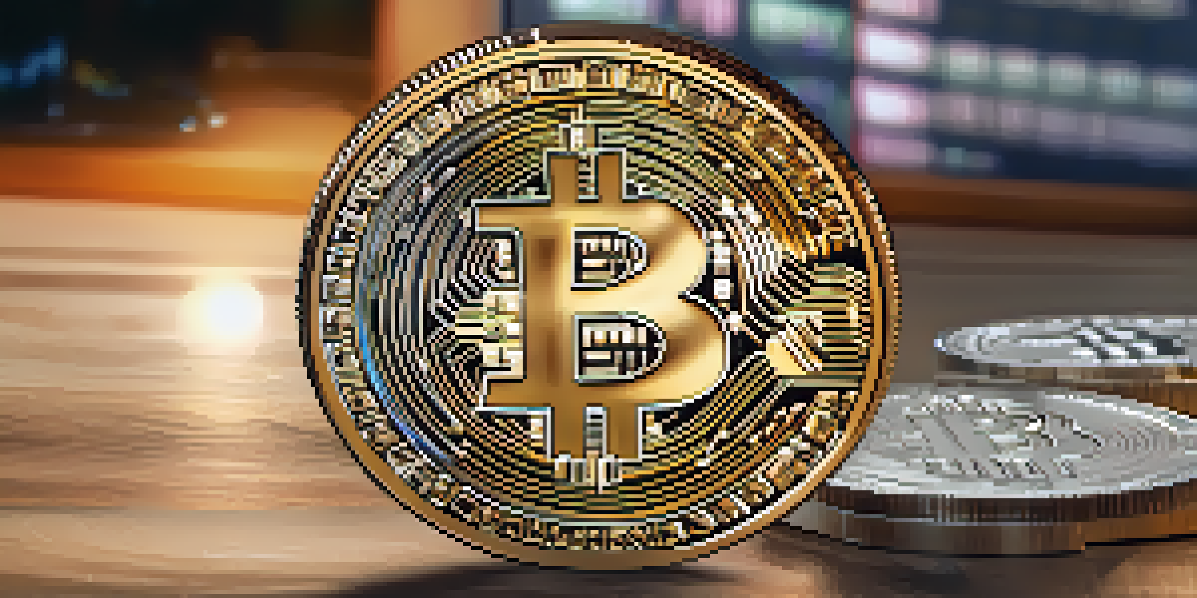A shiny Bitcoin coin on a textured wooden surface with soft natural light, and blurred stock market charts in the background.