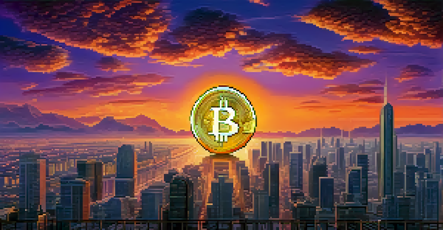 A digital landscape showing Bitcoin as a rising sun over a modern city skyline with an orange and purple sky.