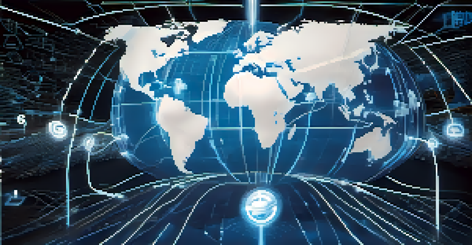 An illustration of a globe with glowing lines showing the movement of goods in supply chains, with data points and product images, highlighting real-time tracking.