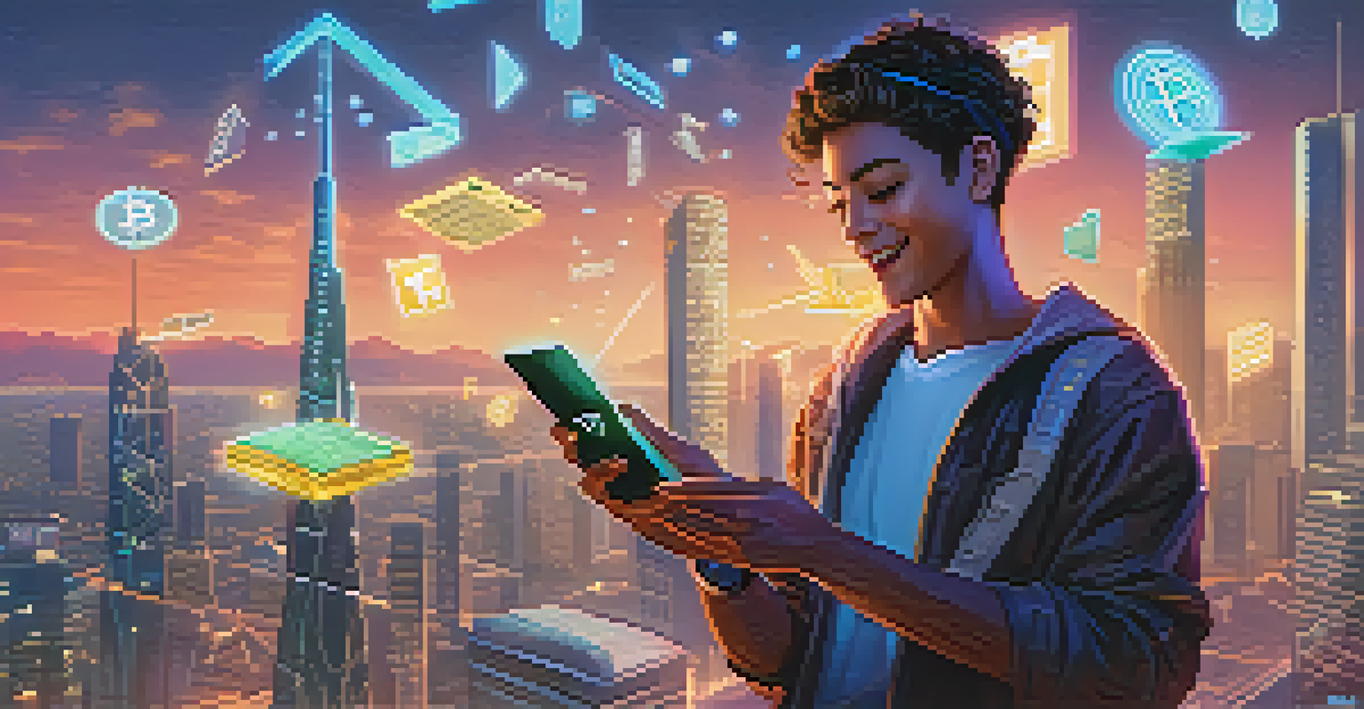 A freelancer excitedly checking their smartphone for cryptocurrency payments in a futuristic cityscape.