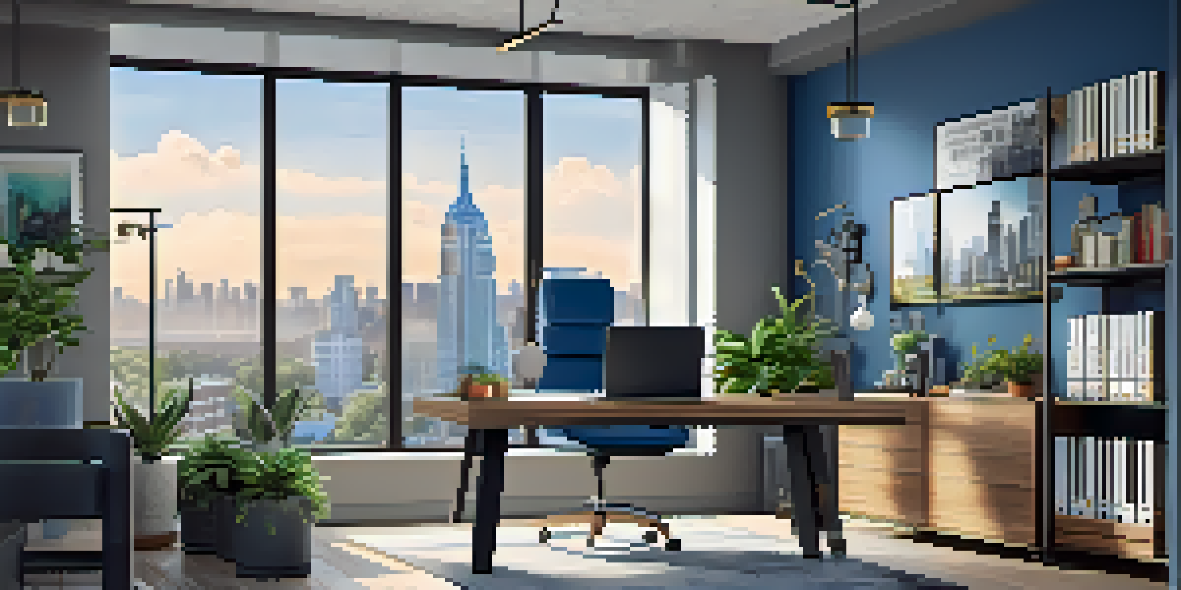 A contemporary office with a desk, laptop, and real estate documents, illuminated by natural light from large windows overlooking a cityscape.