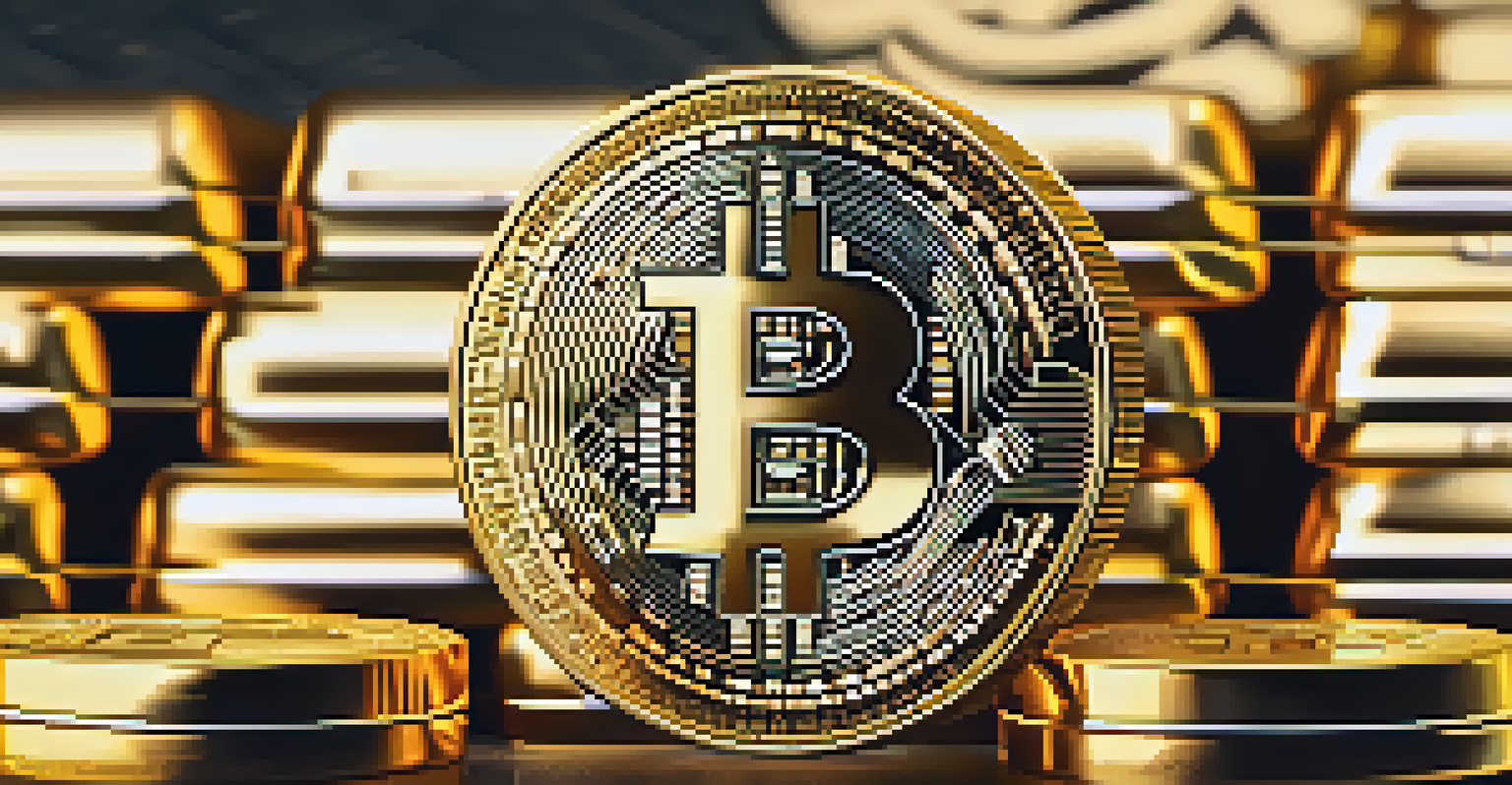 Close-up of a Bitcoin coin on gold bars, with a blurred financial graph in the background.