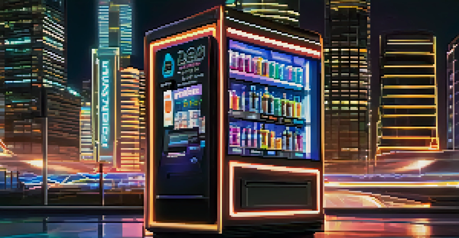 An abstract image of a futuristic vending machine dispensing digital currency, with neon lights and a glowing cityscape in the background.