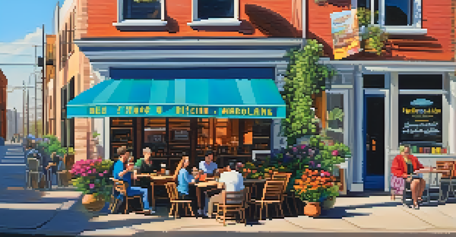 A lively coffee shop with a sign about Bitcoin microloans, surrounded by customers and flowers.