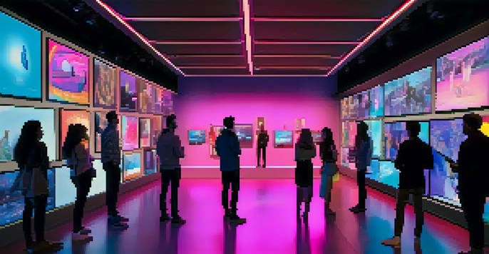 A digital art gallery with various NFTs displayed on screens, illuminated by colorful lights, and collectors viewing the art.
