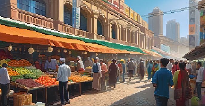 A lively street market with vibrant stalls, people interacting, and a digital billboard showing cryptocurrency information.