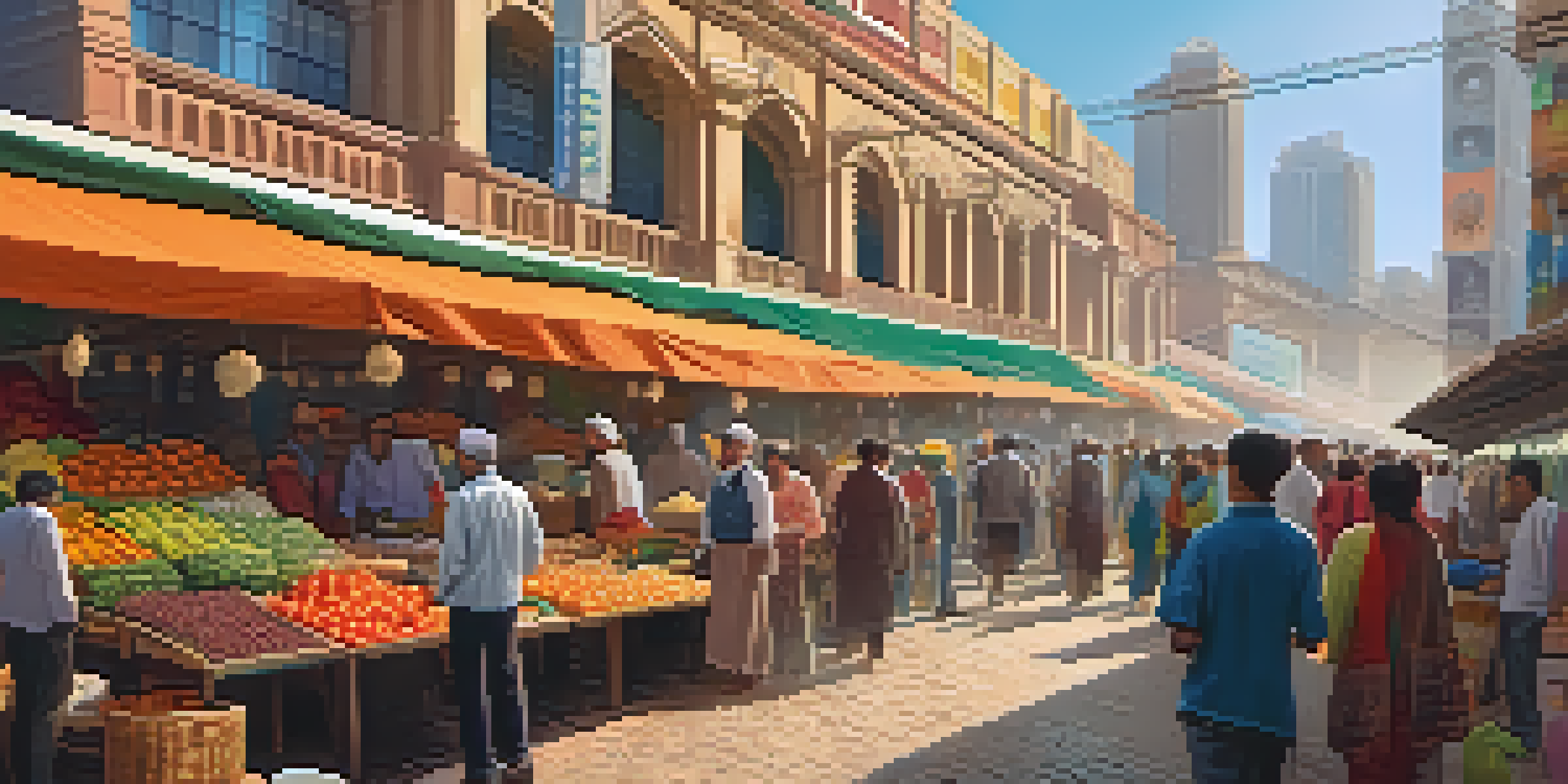 A lively street market with vibrant stalls, people interacting, and a digital billboard showing cryptocurrency information.