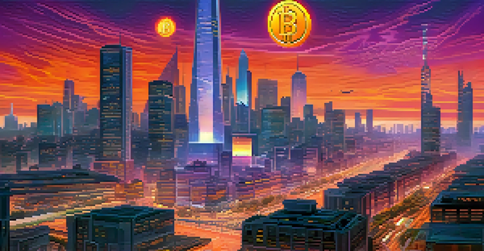 A city skyline at dusk featuring modern and traditional buildings with Bitcoin symbols in neon lights, and people using devices in the foreground.