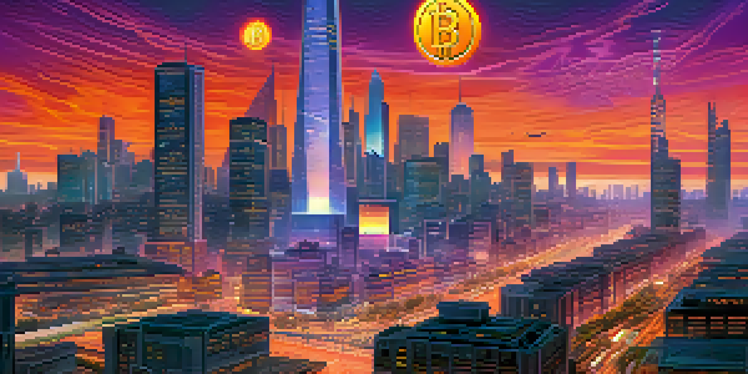 A city skyline at dusk featuring modern and traditional buildings with Bitcoin symbols in neon lights, and people using devices in the foreground.