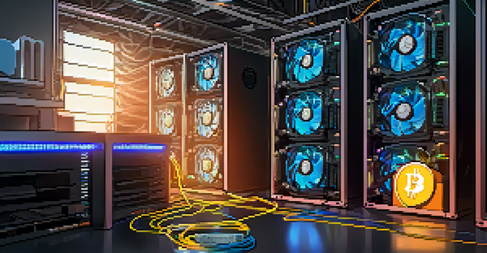 A detailed look at a Bitcoin mining rig with illuminated graphics cards in a dimly lit room, surrounded by cryptocurrency posters and technical equipment.