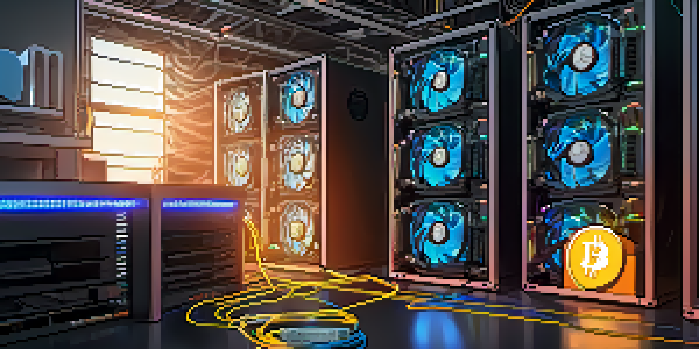 A detailed look at a Bitcoin mining rig with illuminated graphics cards in a dimly lit room, surrounded by cryptocurrency posters and technical equipment.