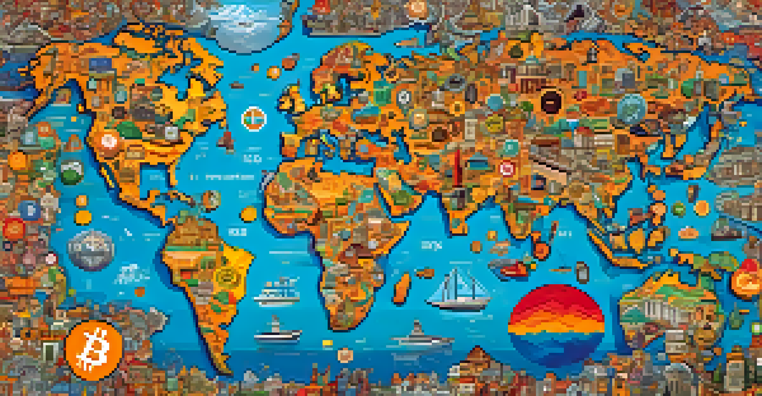 A colorful world map highlighting tax-friendly countries for cryptocurrency, with playful Bitcoin and digital currency icons around it.