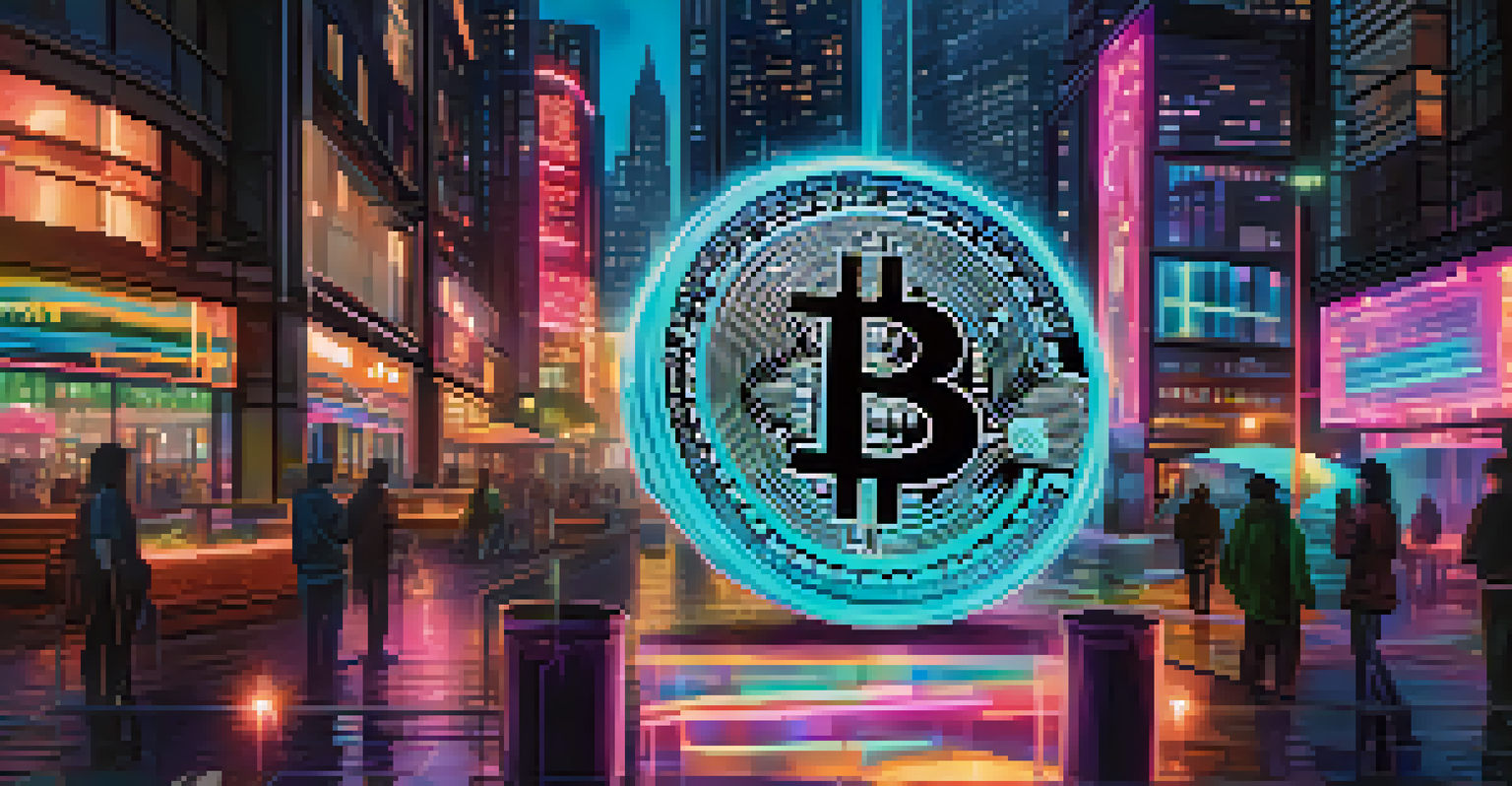 A glowing Bitcoin coin in a futuristic city, surrounded by a translucent blockchain structure representing digital transactions.