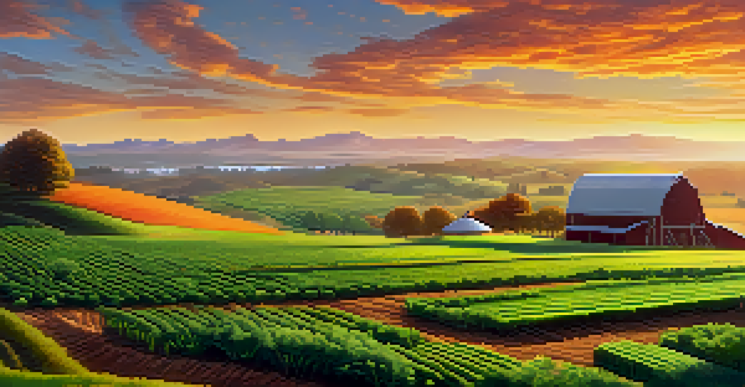 A digital farm landscape with servers and Bitcoin symbols integrated into nature.