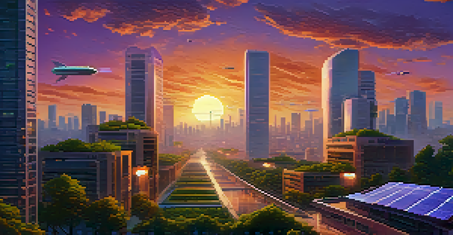 A futuristic city skyline at sunset with greenery, solar panels, and drones, representing a sustainable future for Bitcoin.