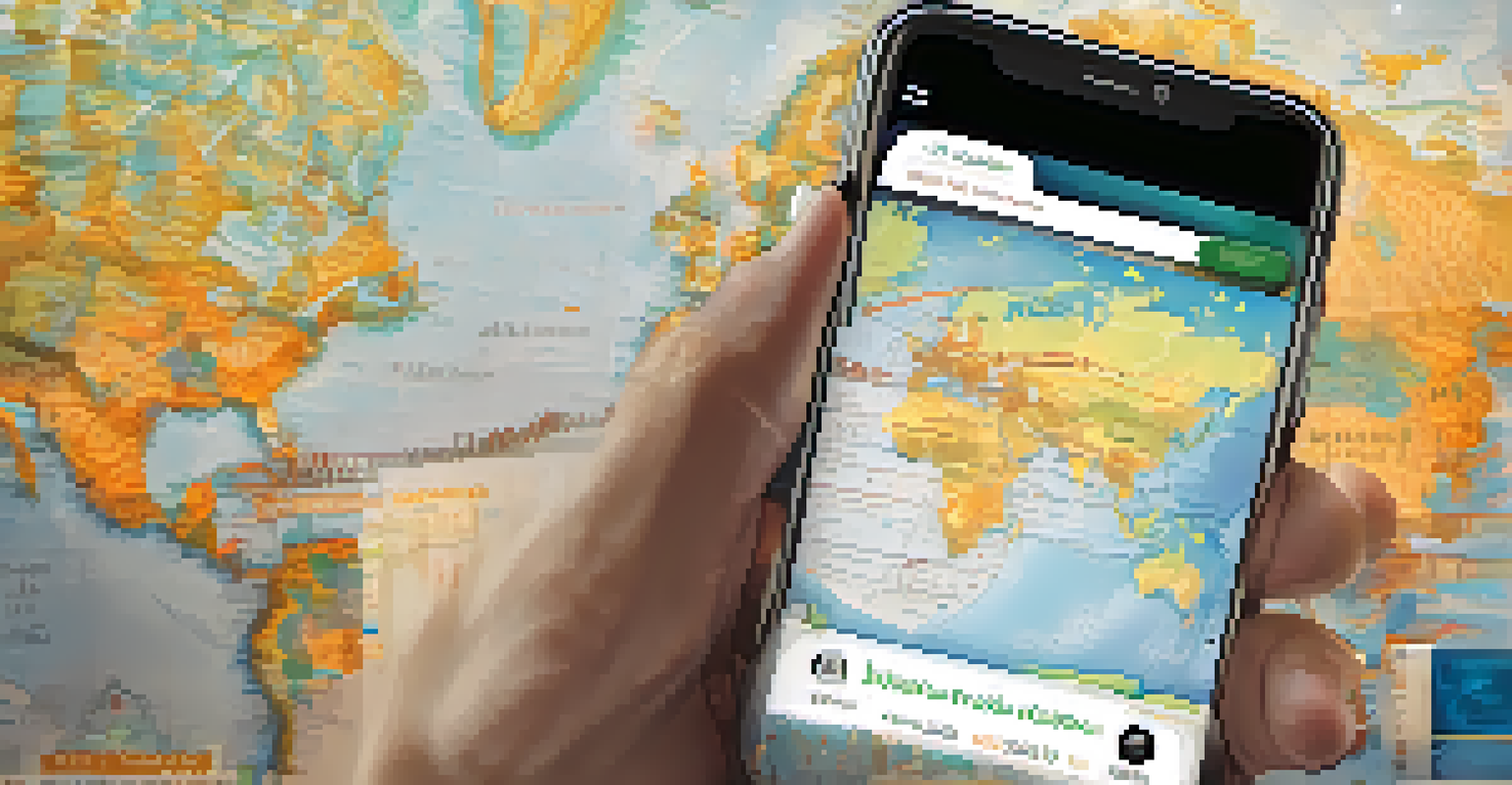 A smartphone displaying a Bitcoin wallet app above a world map marked with trade routes, symbolizing global connectivity.