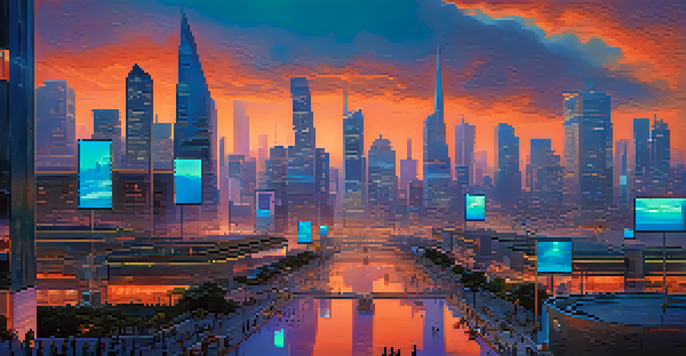 A vibrant futuristic city skyline at dusk with neon lights and people using digital devices.