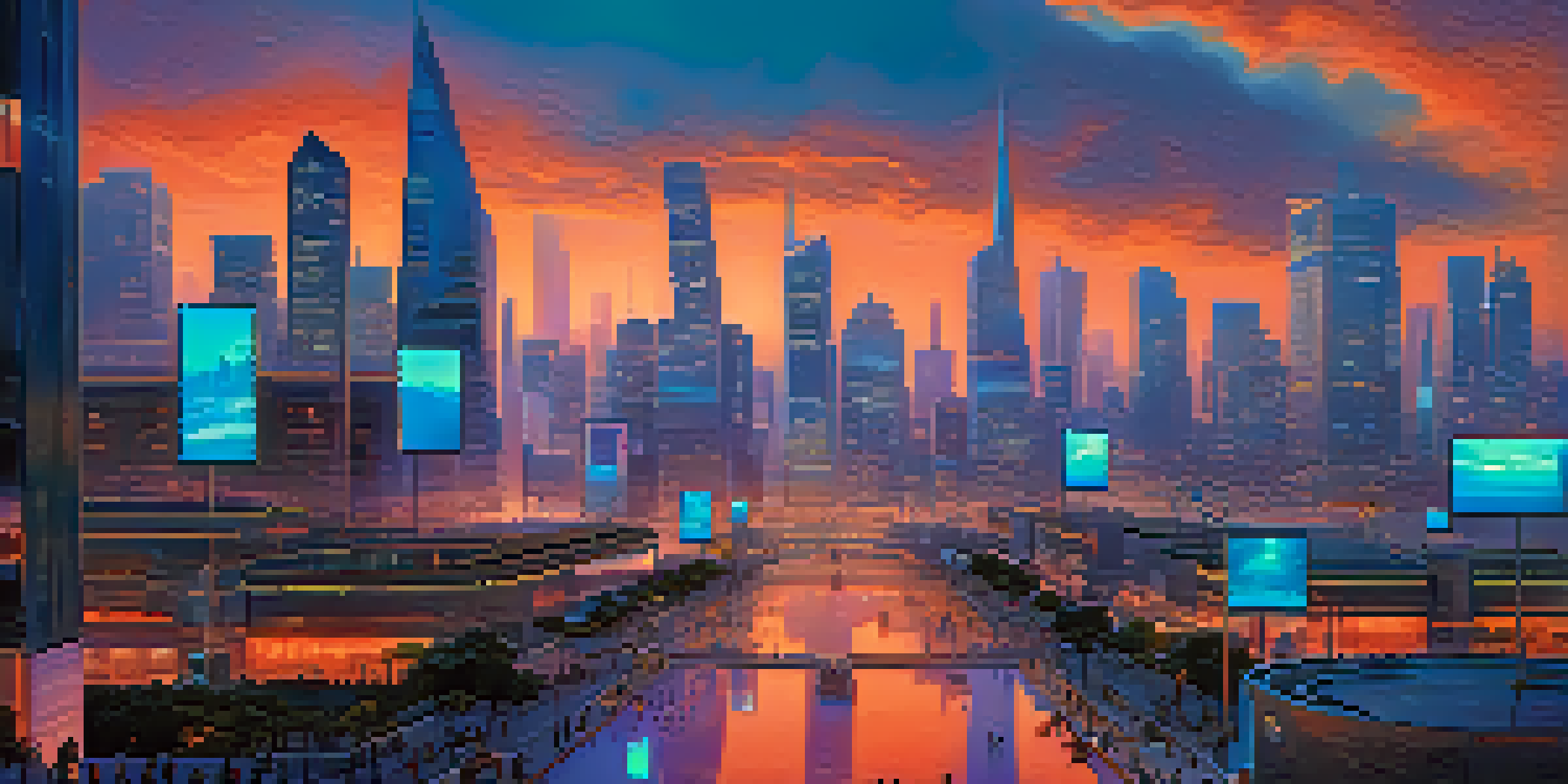 A vibrant futuristic city skyline at dusk with neon lights and people using digital devices.