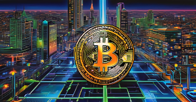An artistic representation of a Bitcoin fork, showing two diverging paths with blockchain patterns against a futuristic cityscape at dusk, illuminated by neon lights.