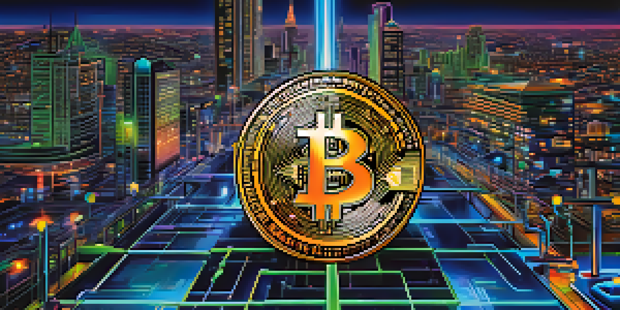 An artistic representation of a Bitcoin fork, showing two diverging paths with blockchain patterns against a futuristic cityscape at dusk, illuminated by neon lights.