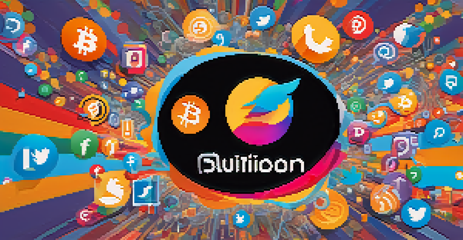 An abstract image showing social media icons like Twitter and Telegram, with colorful notifications and text bubbles suggesting urgency, and a Bitcoin logo in the background.